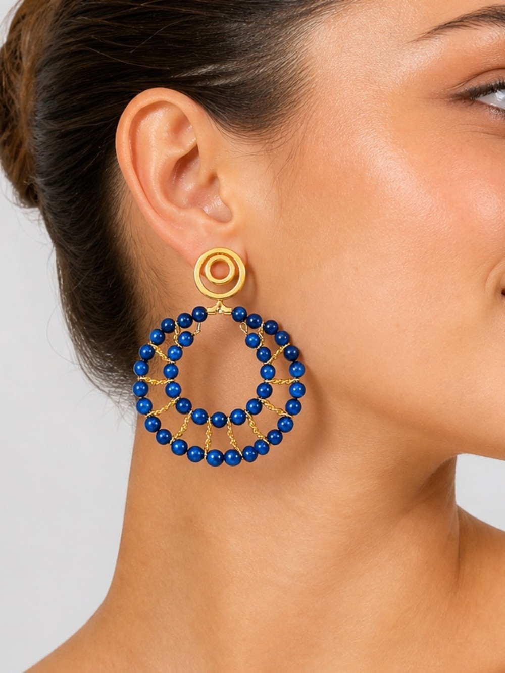 Gold-Tone Hoop Earrings with Royal Blue Beads